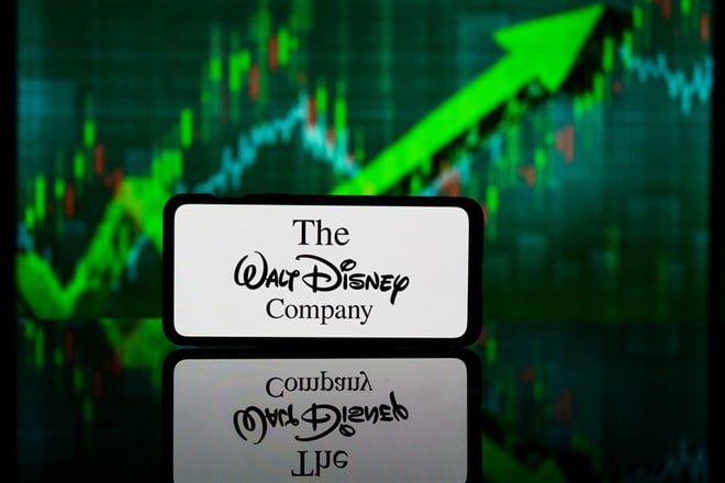 Walt Disney Company DIS logo on smartphone with stock market background