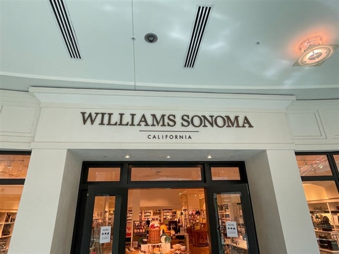The exterior and sign of a Williams Sonoma retail store at an indoor mall